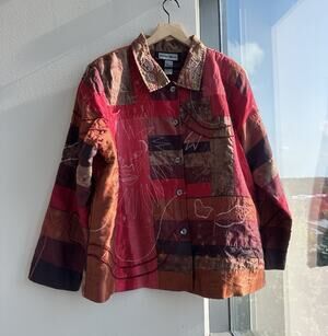 Indigo Moon Multicolor Patchwork Embroidered Art Funky Cat faces Jacket 1X